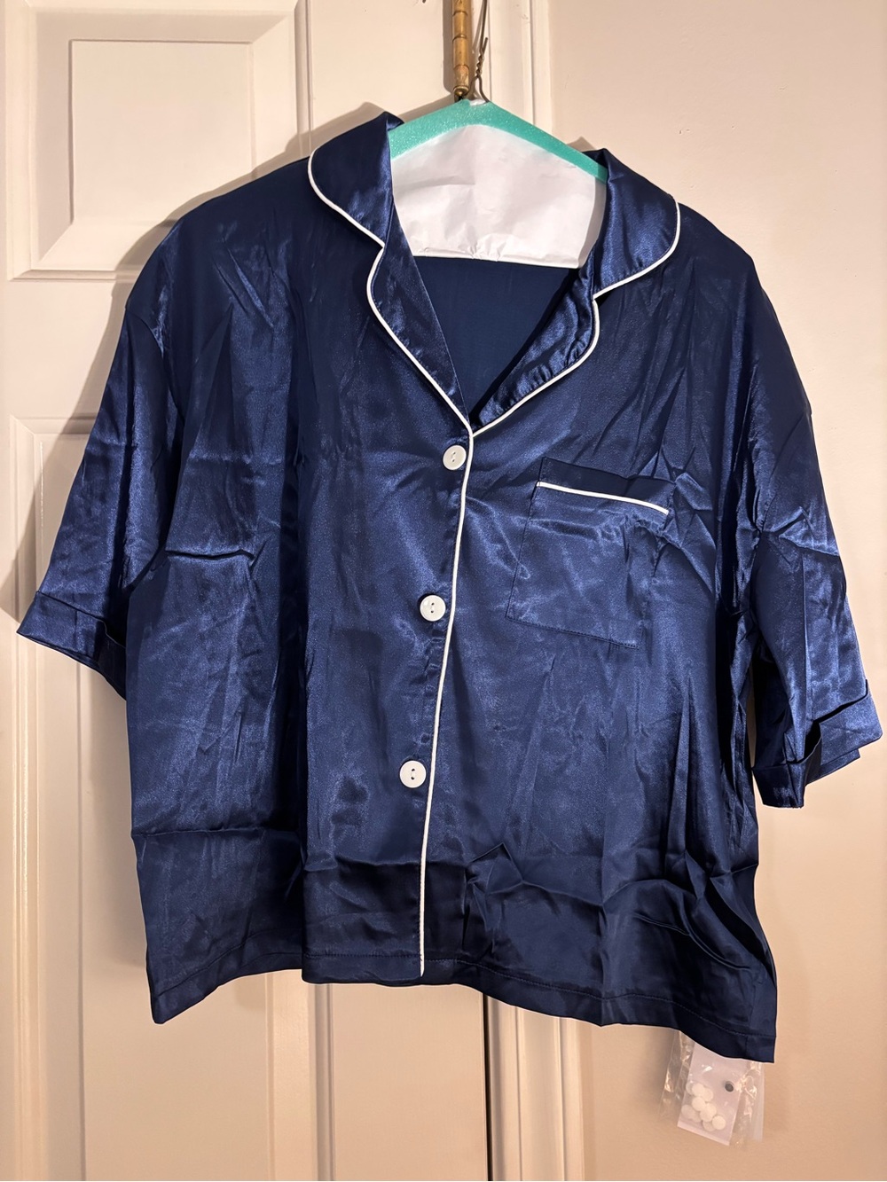 Classic Navy Faux Satin Short-Sleeve Pajama Top with essential oil diffuser